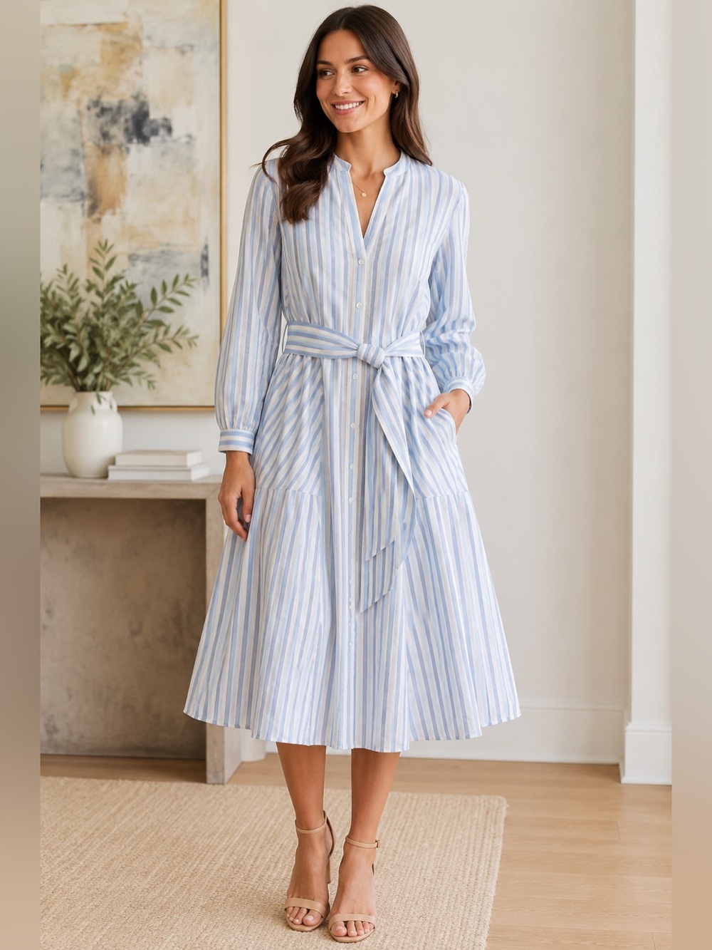 Veronica Beard Jenna Tie Waist Linen Silk Stripe Midi Dress Size 8 Blue White - Picture 1 of 16